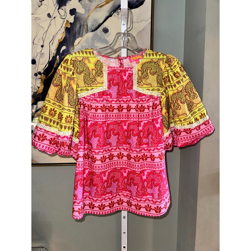 THML Adeline Animal Print Top Pink Yellow Tiger Floral Puff Sleeve Blouse S - Picture 2 of 6